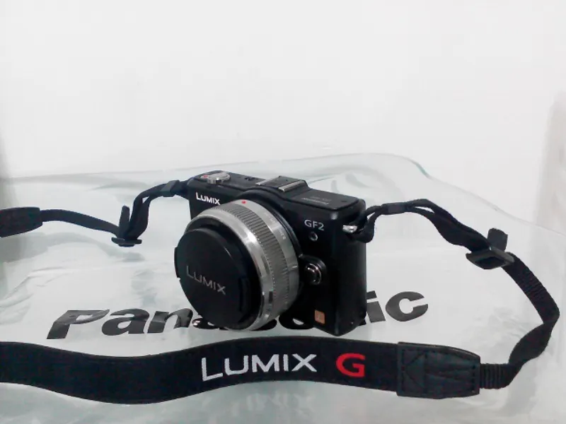 Lumix Mirrorless Camera with black body and black neck strap